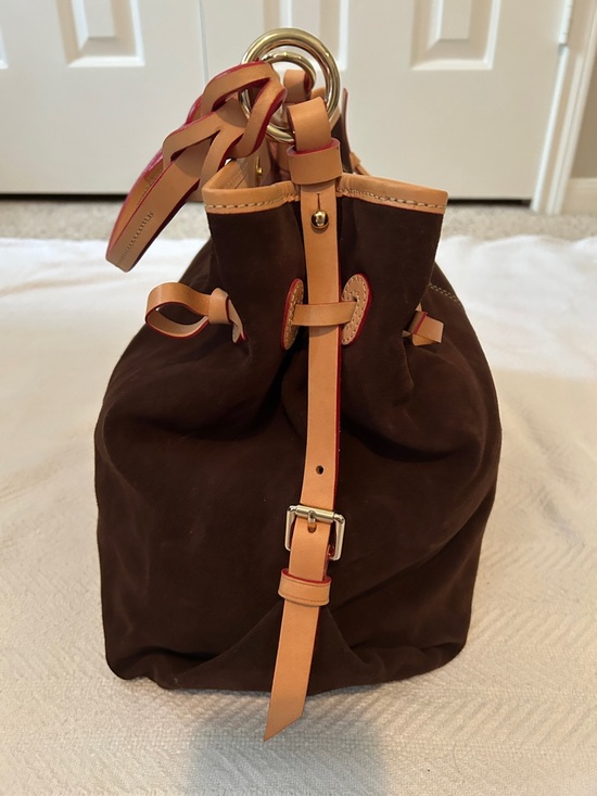 Dooney & Bourke Chocolate Suede Shoulder Bag with Red and Tab Braided Strap main image 3